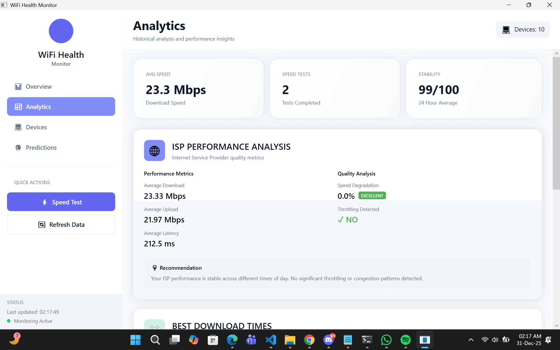 The Analytics screen: average speed 23.3 Mbps, stability 99 out of 100, ISP performance analysis with no throttling detected.