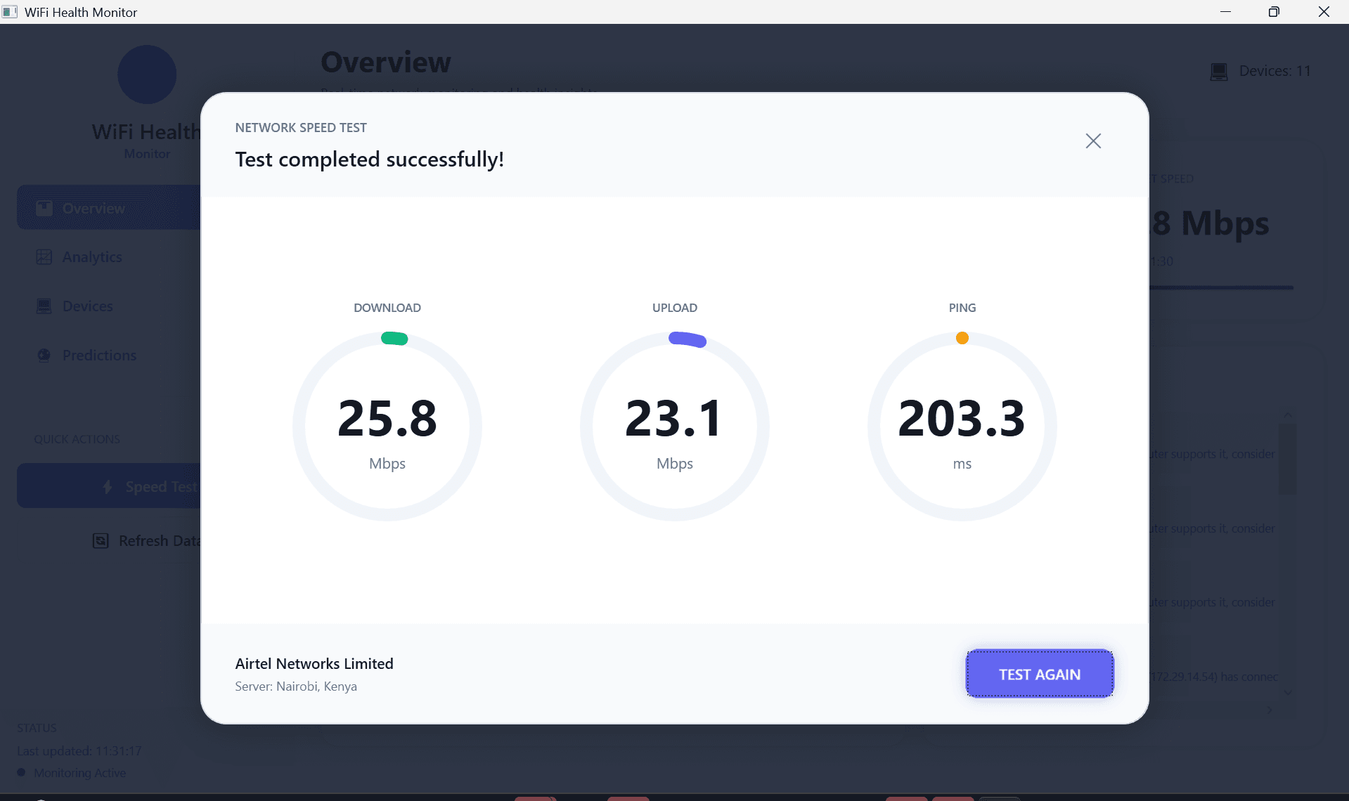 WiFi Health Monitor Speed Test Interface